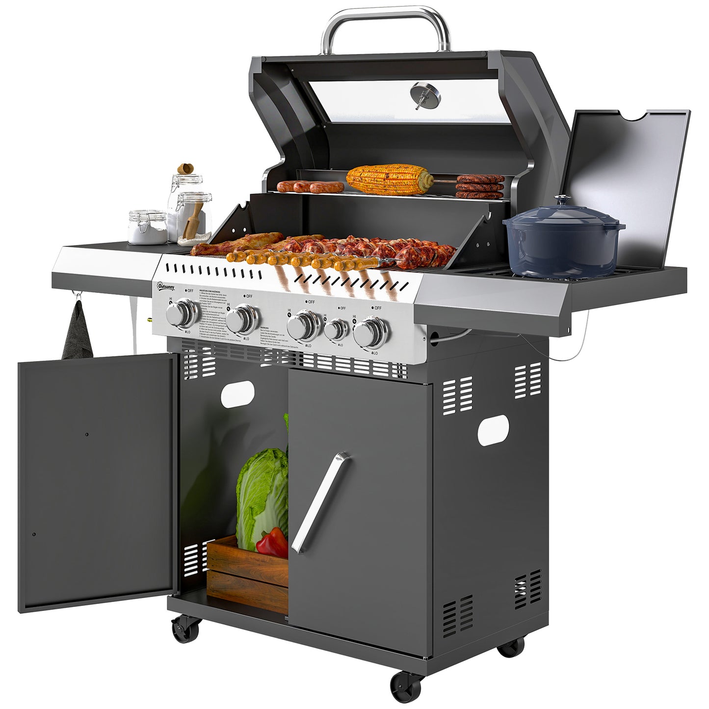 Outsunny Gasgrill 12 KW Grillwagen inkl 5 Brenner Seitenkocher Rolle Druckminderer Deckel Gasschlauch 2 Heizzonen Thermometer Seitenablagen, BBQ Gartengrill für Balkon, Grill 135 x 54 x 110 cm Aosom