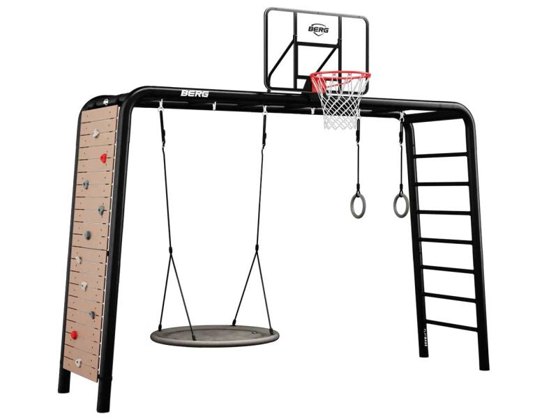 BERG PlayBase Large TL Black »Ultimate-Set« inkl. Nestschaukel, Turnringen, Basketballkorb und Kletterwand