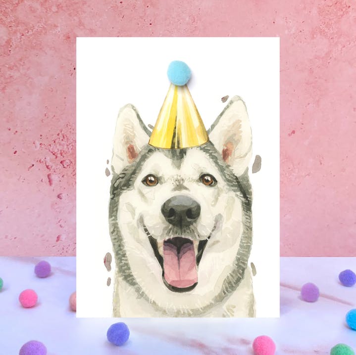 Karte Husky, Partyhut m. Pom Pom