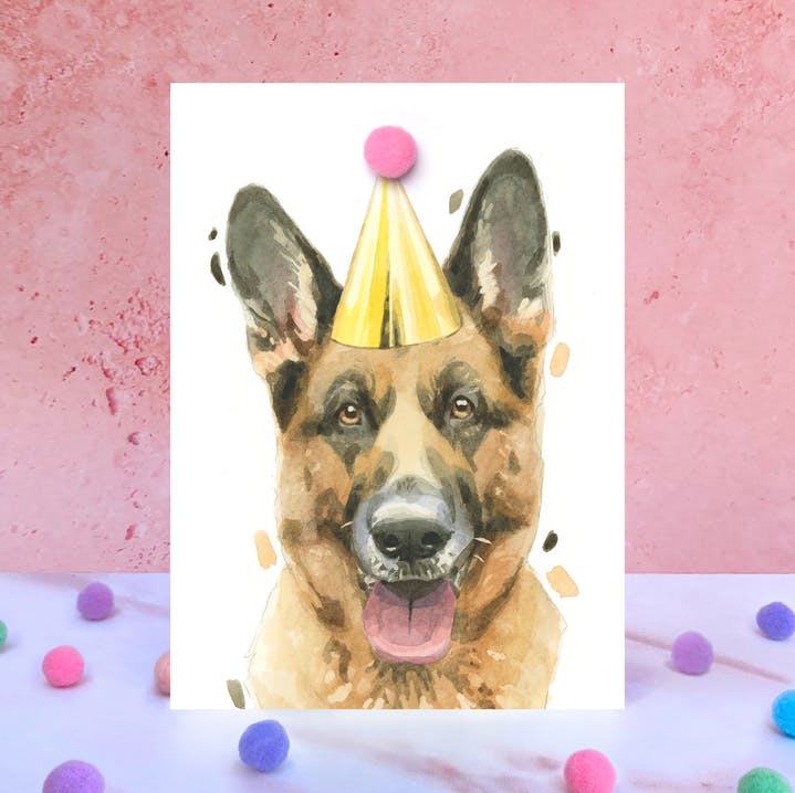 Karte Deutscher Schäferhund, Partyhut m. Pom Pom