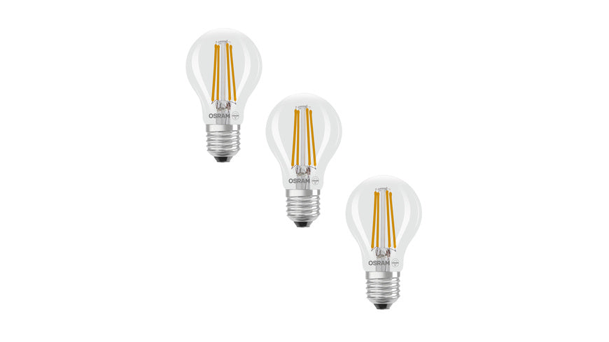 Osram LED Classic A 60, Filament, EEK A, 3,8 W, 806 lm, E27, warmweiß, klar, 3er Pack