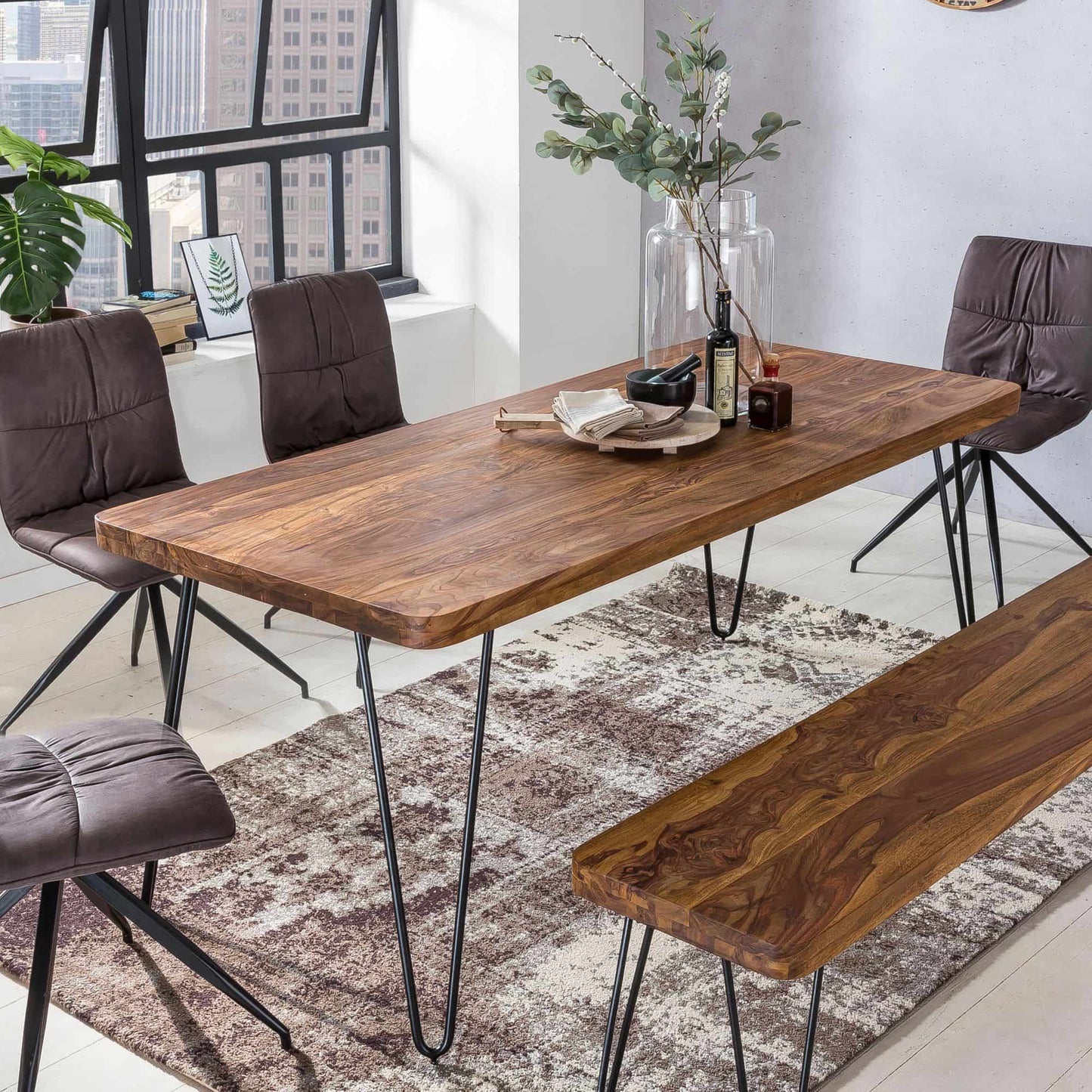 Esstisch BAGLI Massivholz Sheesham 180 cm Esszimmer-Tisch Holztisch Metallbeine Küchentisch Landhaus dunkel-braun