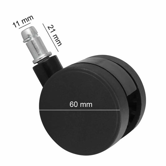 5er Set Rollen für Bürostuhl Schwarz Stift 11mm/Durchmesser 60mm Weichbodenrollen Drehstuhlrollen Stuhlrollen