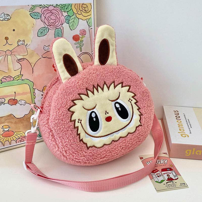 2025 Neue Beliebte Bubble Mart Schräge Umhängetasche Große Kapazität Weiche Haptik Kurzer Plüsch Kinder Schultertaschen Hässlich Niedlich Cartoon Kinder Aufbewahrung Crossbody Tasche rosa