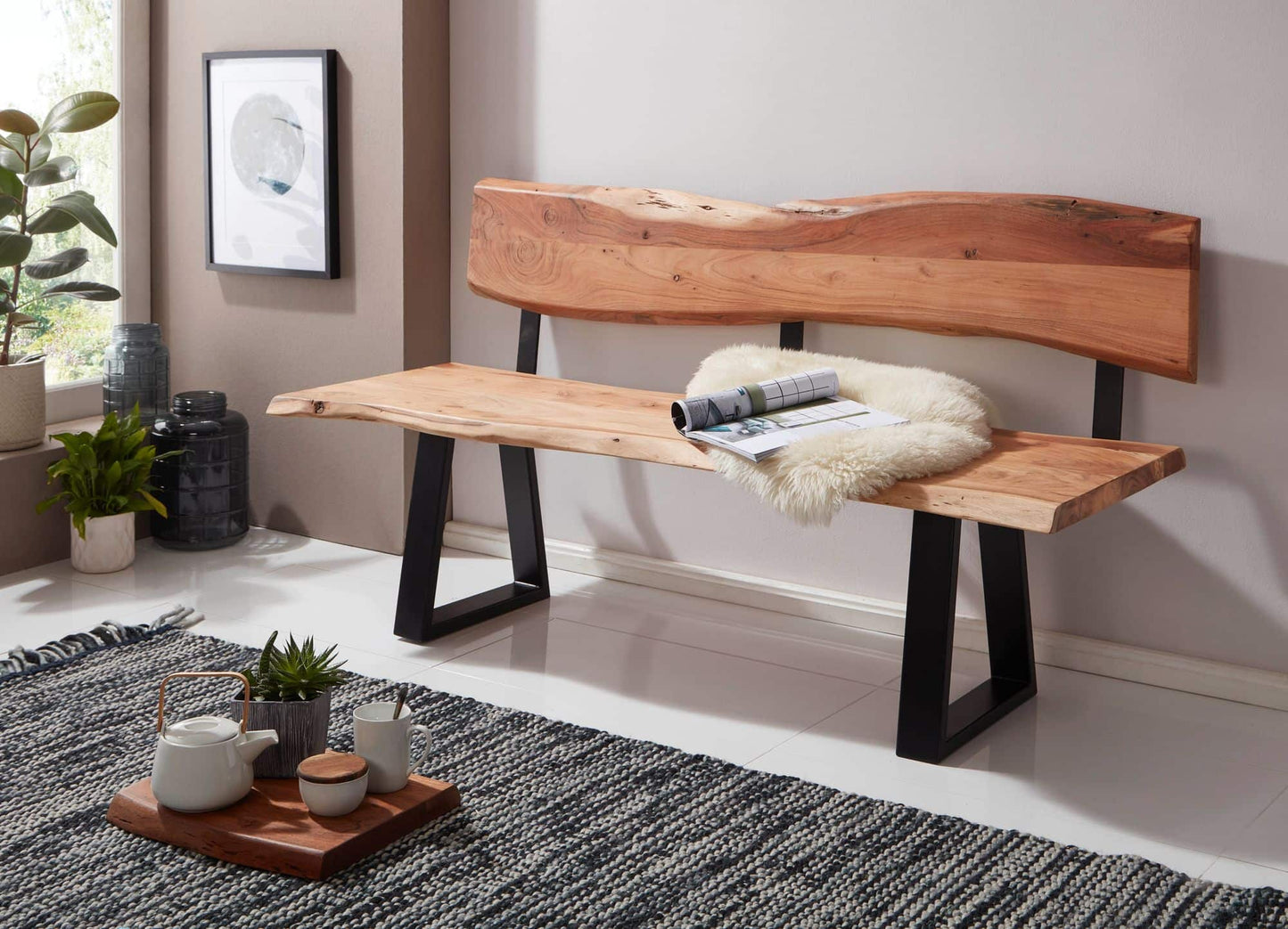 Esszimmerbank GAYA 160x83,5x60 cm Akazie Massivholz Bank mit Baumkante