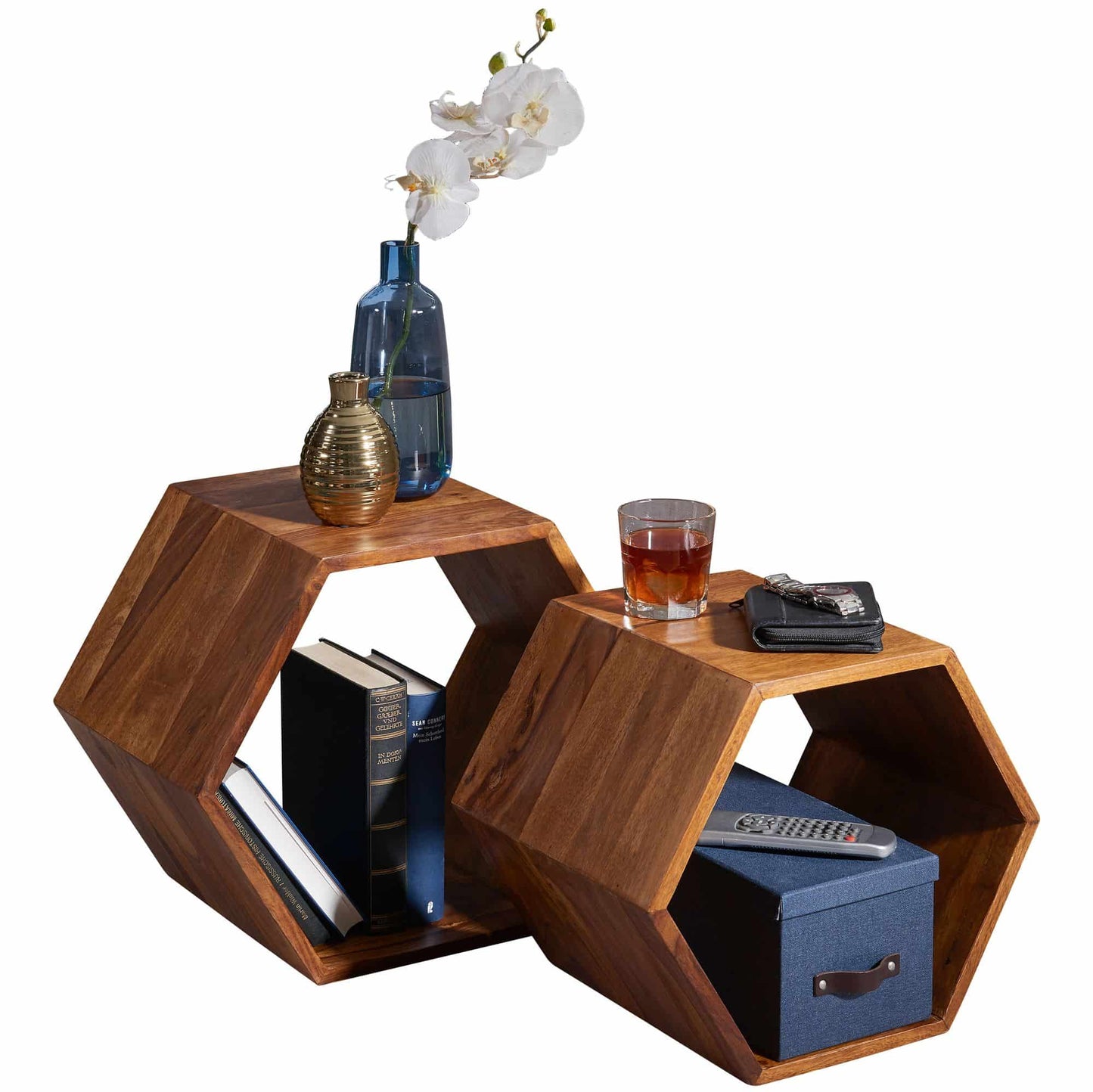 Beistelltisch 2er Set Sheesham Massivholz Design Wohnzimmertisch