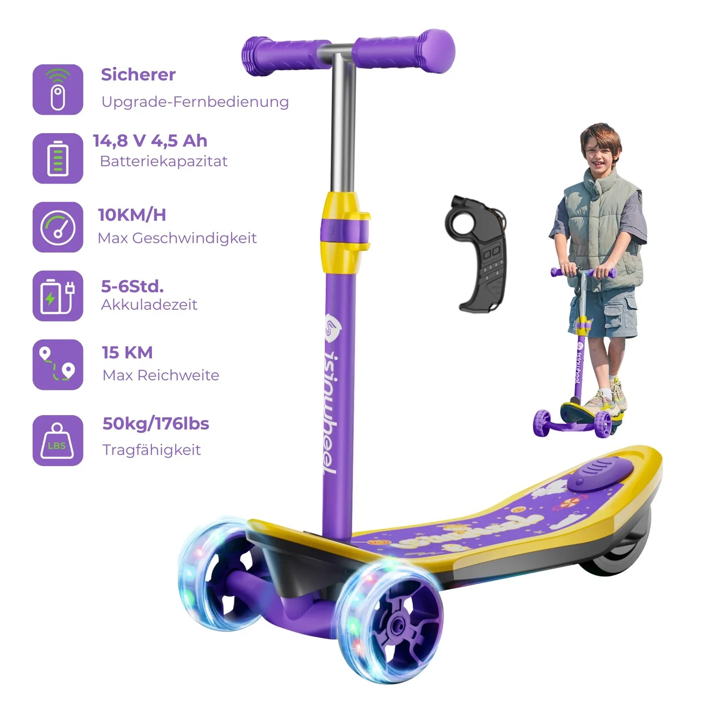 iScooter iK1S/iK3 Kinder E-Scooter mit höhenverstellbarem Lenker - MiniSpider Lila