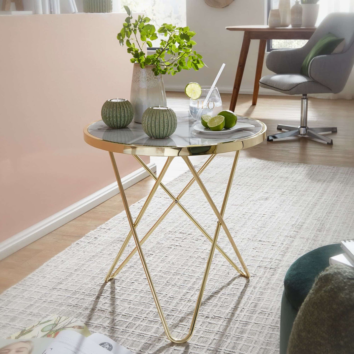 Design Beistelltisch Marmor Optik Weiß Rund Ø55 cm Gold Metallgestell