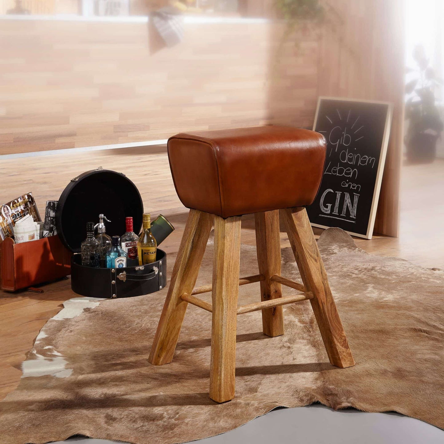 Exklusiver Turnbock-Barhocker – Handgefertigtes Design aus Echtleder und Massivholz