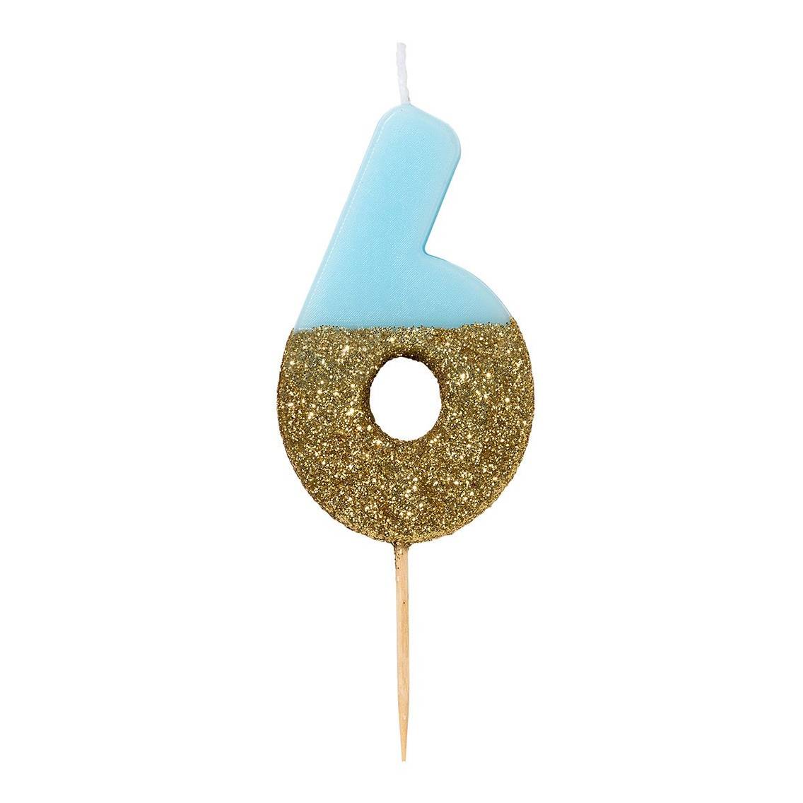 Zahlenkerze hellblau/gold 6