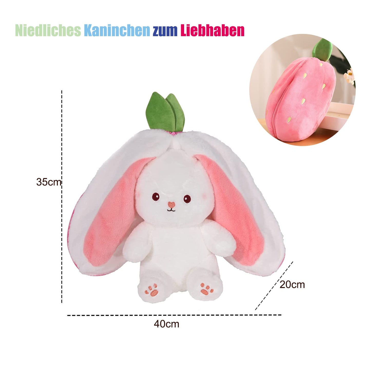shineFinder Hasen Verstecken,Gefülltes Kaninchen mit Karotten und Erdbeeren, Plüschtier Hase