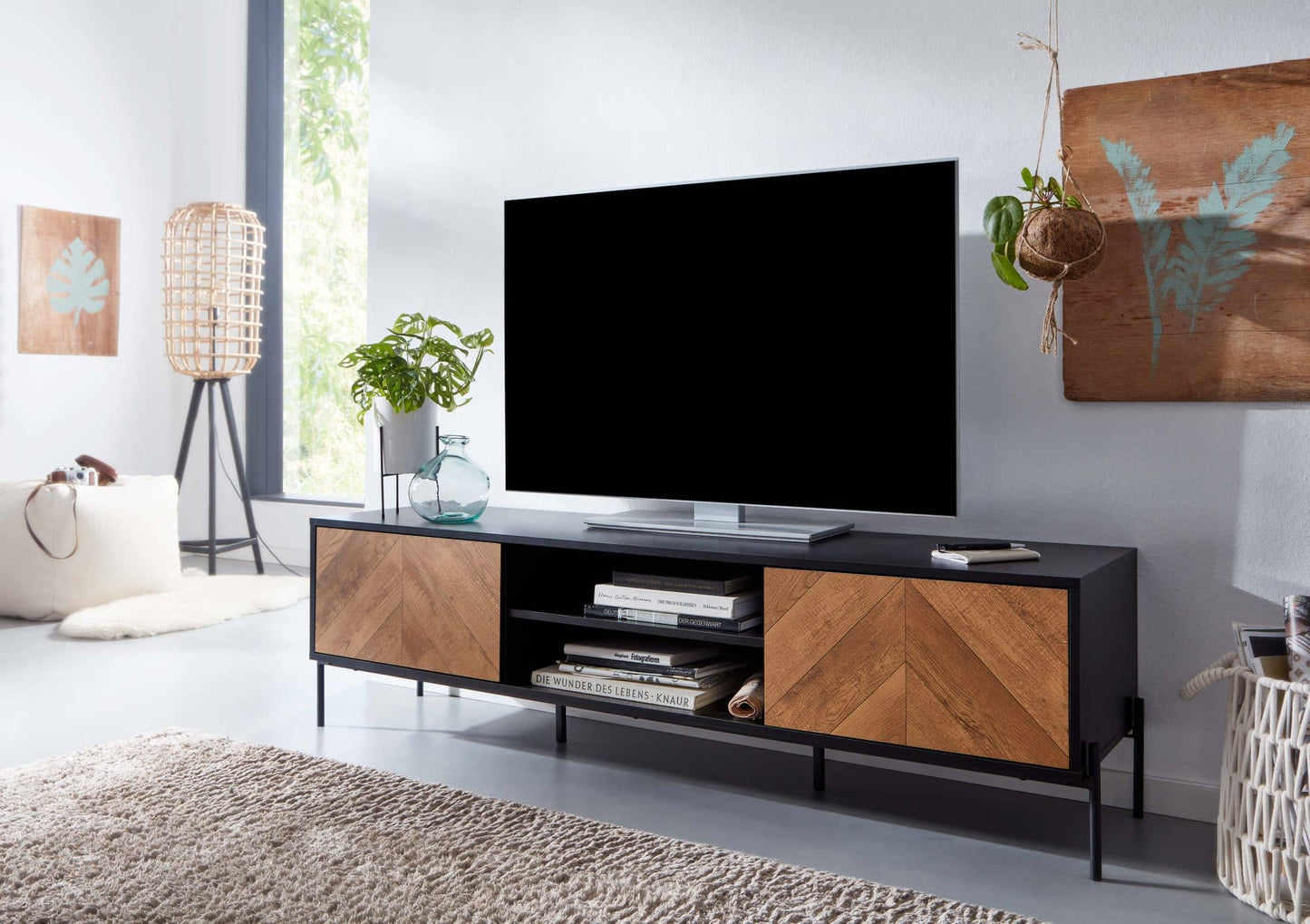 Lowboard Holz Schwarz / Eiche-Dekor 163x45x40 cm TV-Kommode mit zwei Türen