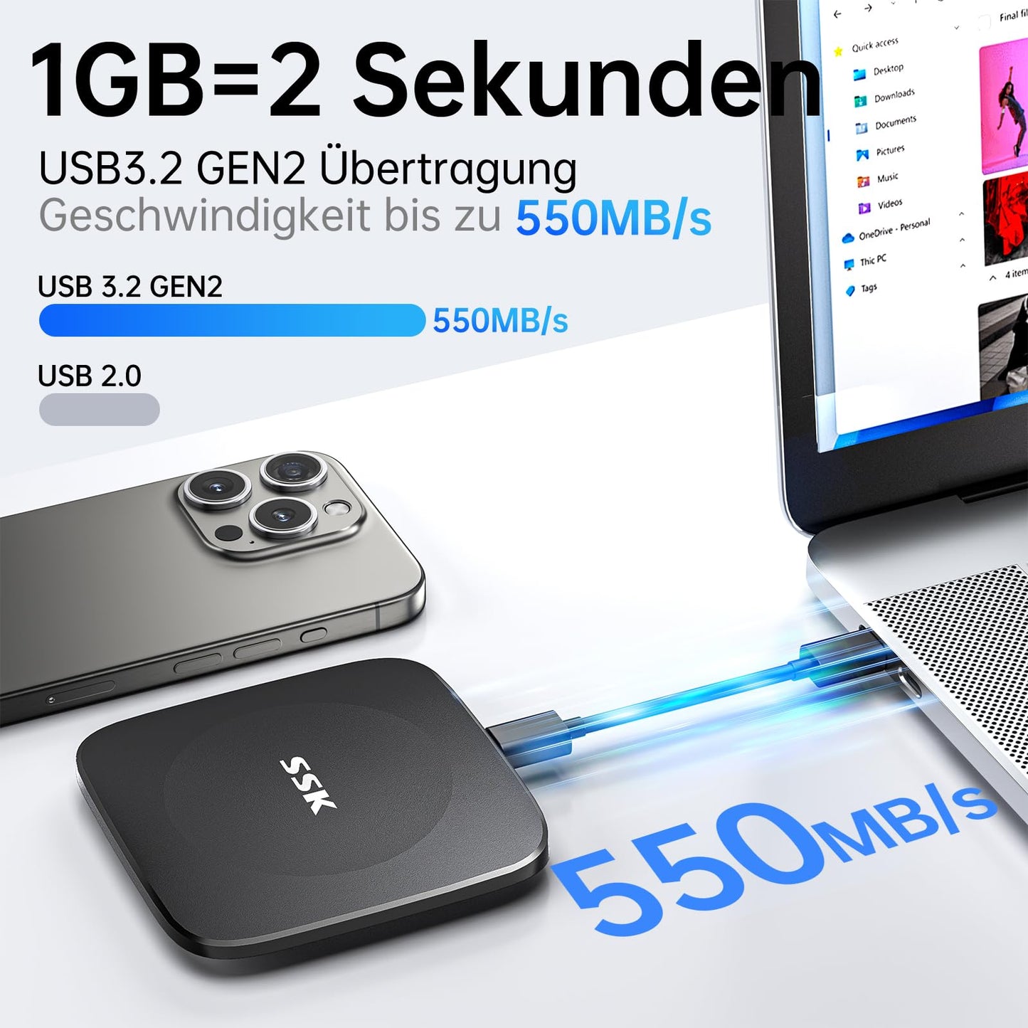 SSK Externe SSD - USB3.2 für iPhone/Android/Windows/Tablet/Mac/Xbox