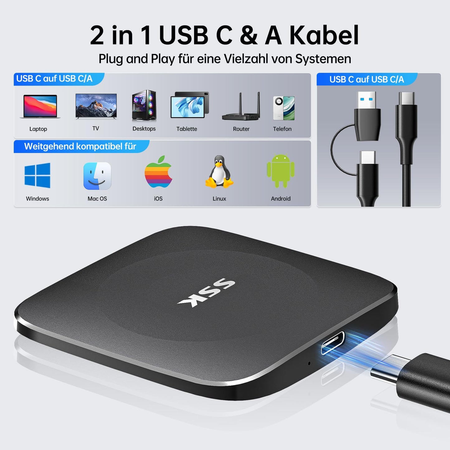 SSK Externe SSD - USB3.2 für iPhone/Android/Windows/Tablet/Mac/Xbox