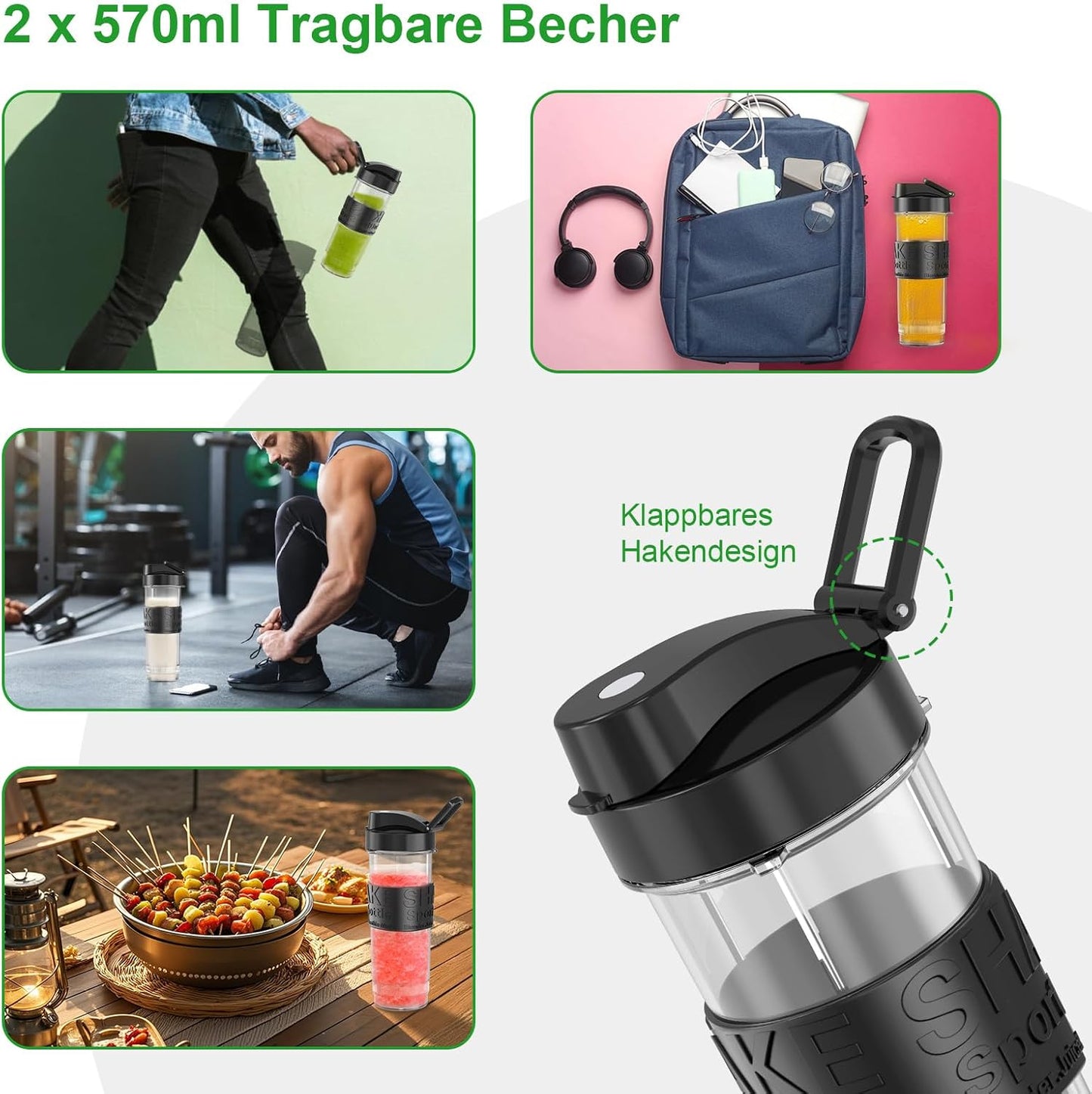 Mixer, Smoothie Maker, 500W Mini Standmixer mit 2x570ml Flasche