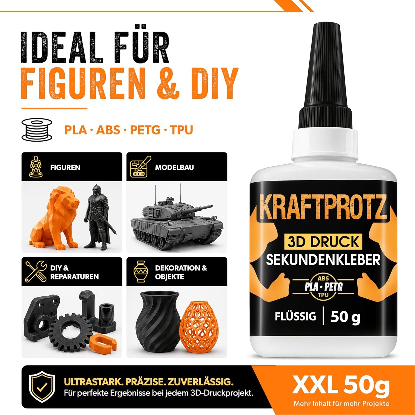 Sekundenkleber 3D Druck flüssig 50 g - Filament Kleber PLA ABS PETG TPU ASA | Allround, präzise dosierbar, transparent, wasserfest, hitzebeständig, Anti-Austrocknungsspitze, Modellbau, Drucker Zubehör