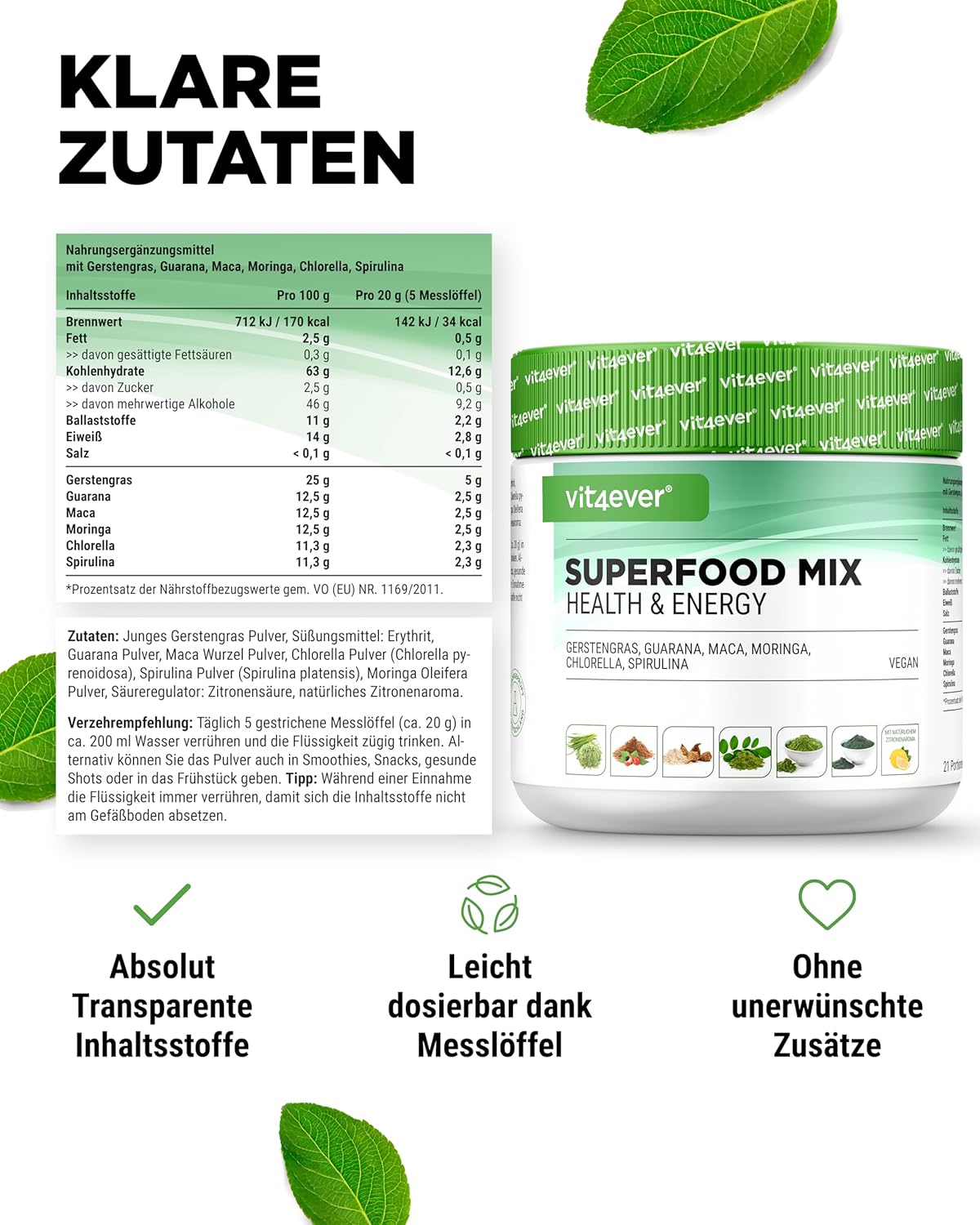 Superfood Mix - 100% natürlicher Power Smoothie - Mit Zitronen Aroma - Vegan