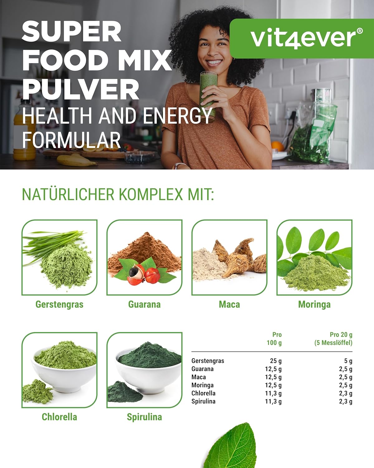 Superfood Mix - 100% natürlicher Power Smoothie - Mit Zitronen Aroma - Vegan