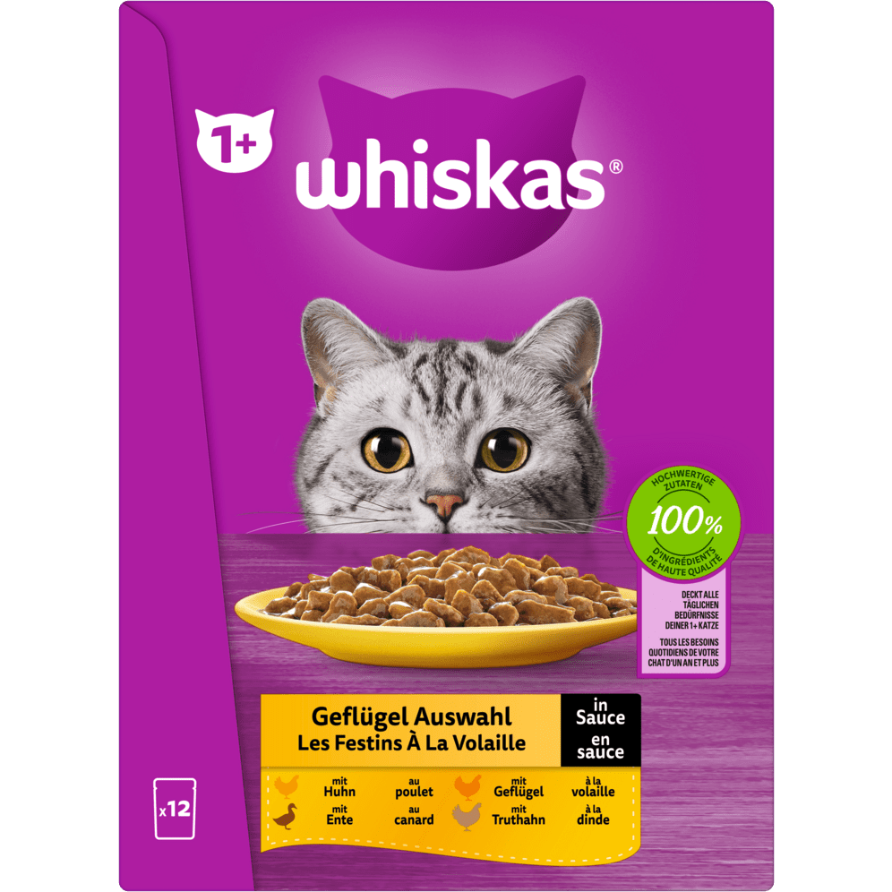 Whiskas 1+ Geflügel Auswahl Sauce 12x85g 4er Pack