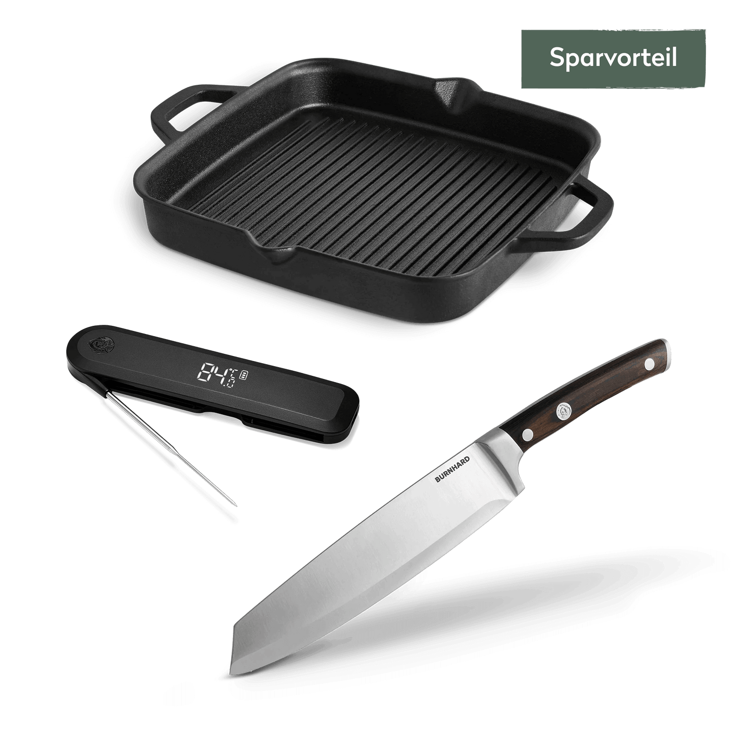 Steak Lover Set | Gusseiserne Grillpfanne 26 cm | inkl. Kochmesser und Einstichthermometer