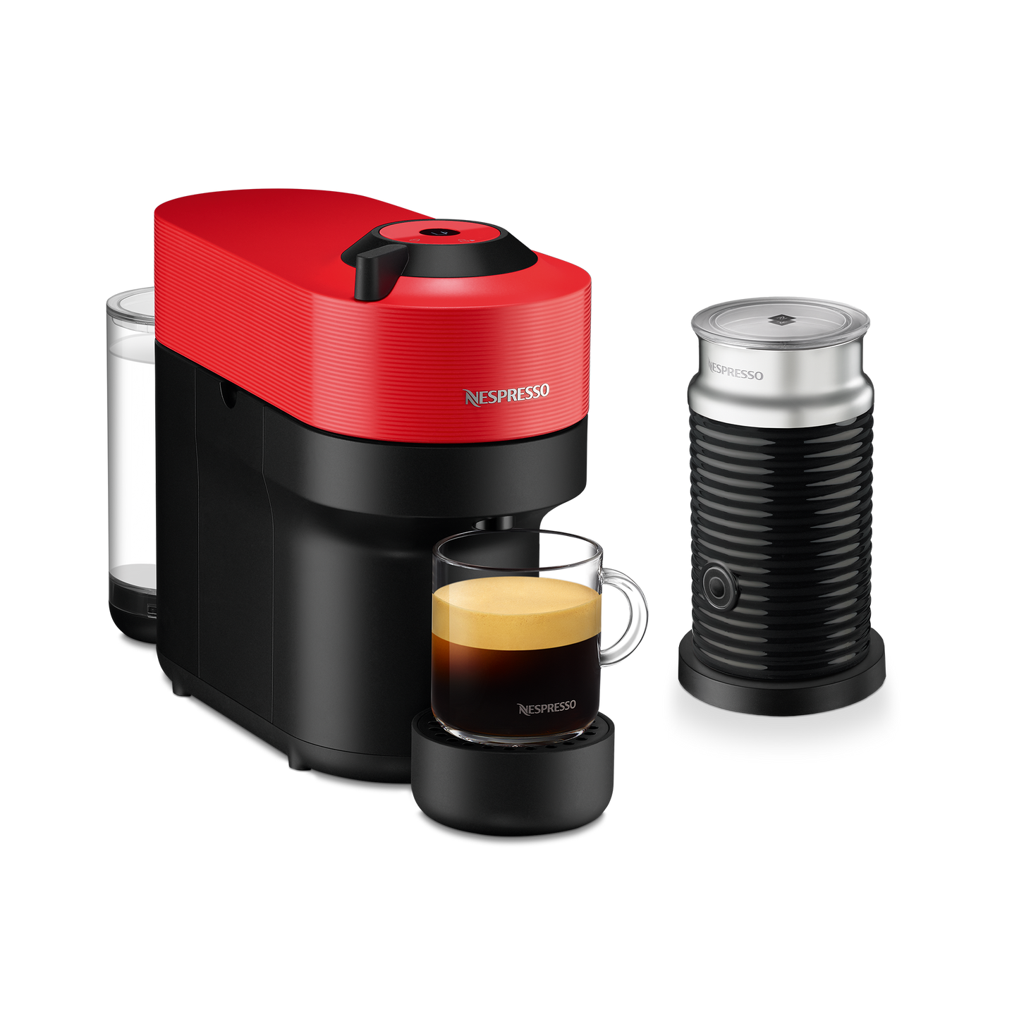 Nespresso VERTUO Pop Spicy Red & Aeroccino 3 schwarz Vertuo Kaffeemaschine
