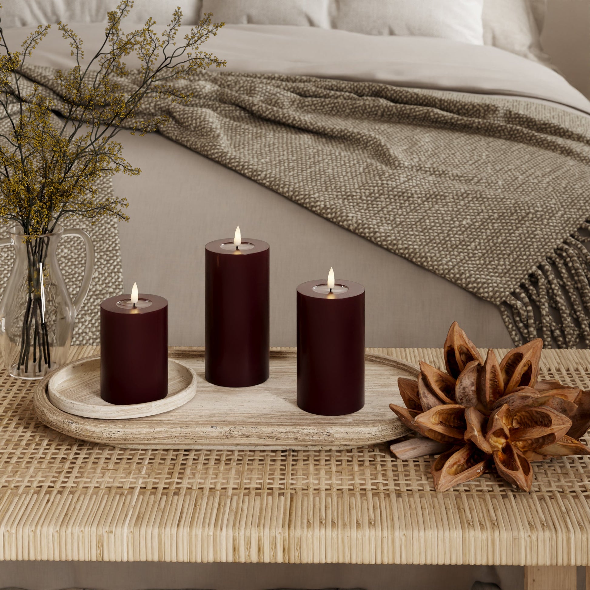 LED-Blockkerzen Ø 7,5 x 10 + 12,5 + 15 cm Burgunderrot