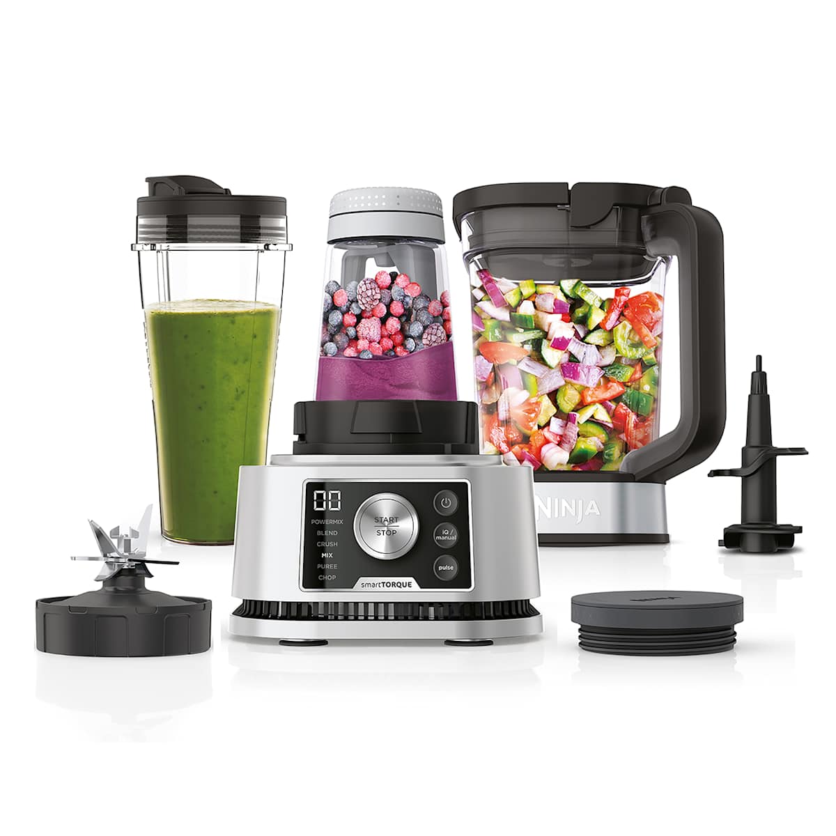 Ninja Mixer 2 1 Liter 3-in-1-Gerät 1.200-Watt-Motor Smart Torque Auto-iQ-Technologie Nutri-Becher silber CB350EU