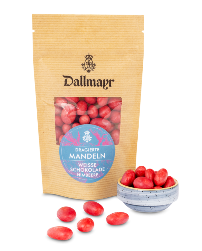 Dragierte Mandeln in weißer Schokolade und Himbeere Dallmayr
