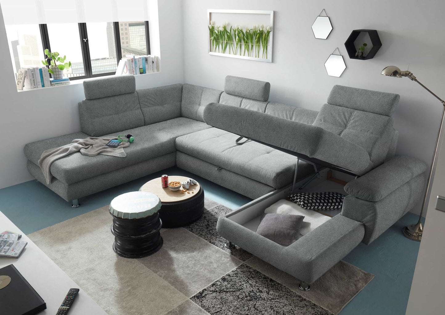 Wohnlandschaft Alba von ED Exciting Design mit Schlaffunktion & Bettkasten – U-Form Sofa aus hochwertigem Brego-Stoff