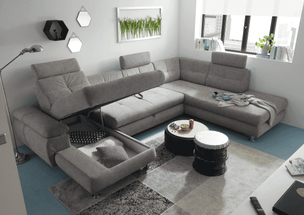 Wohnlandschaft Alba von ED Exciting Design mit Schlaffunktion & Bettkasten – U-Form Sofa aus hochwertigem Brego-Stoff
