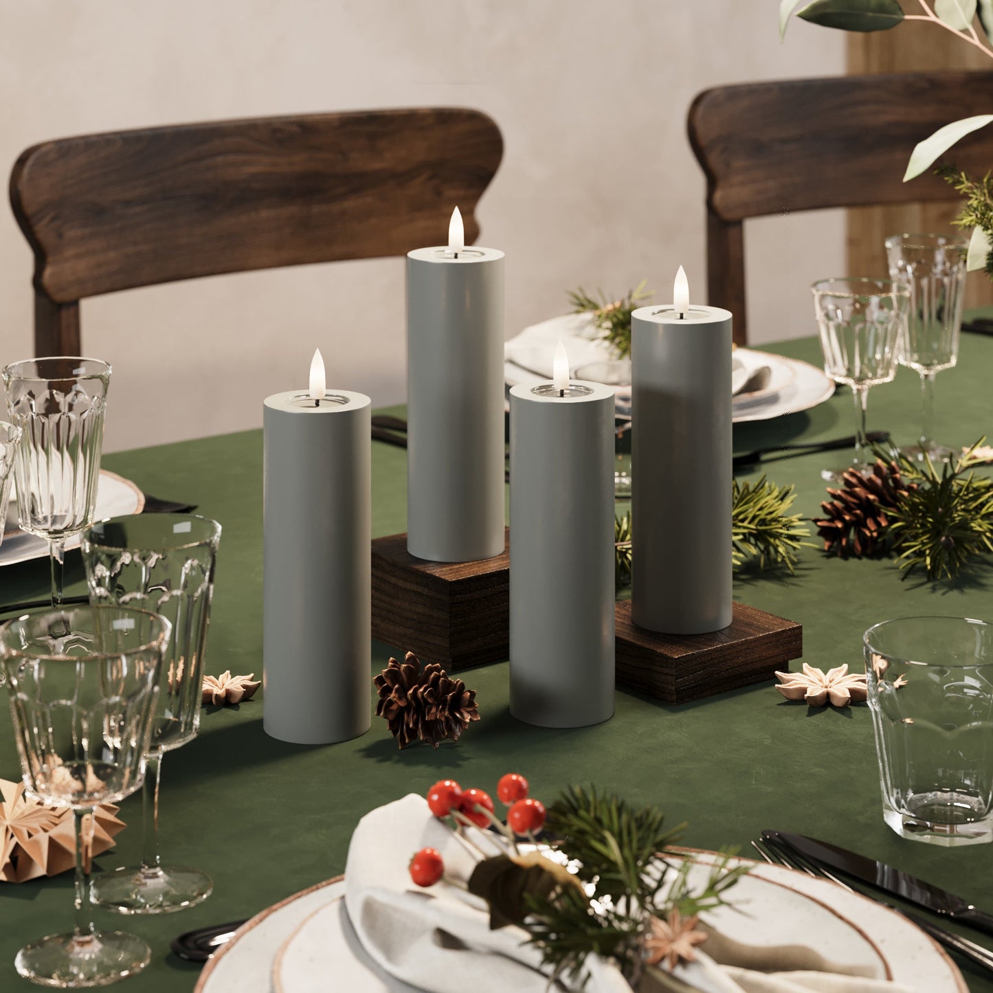 LED-Blockkerzen Ø 5 x 15 cm, grau – 4 Stück