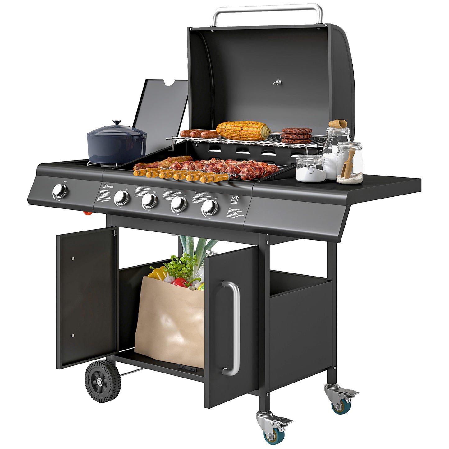 Outsunny Gasgrill 15,2 KW Grillwagen inkl 5 Edelstahl-Brenner Rolle Seitenkocher Druckminderer Gasschlauch Deckel Thermometer Seitenablagen, BBQ Gartengrill für Balkon, Grill 129,5 x 56 x 110 cm Aosom