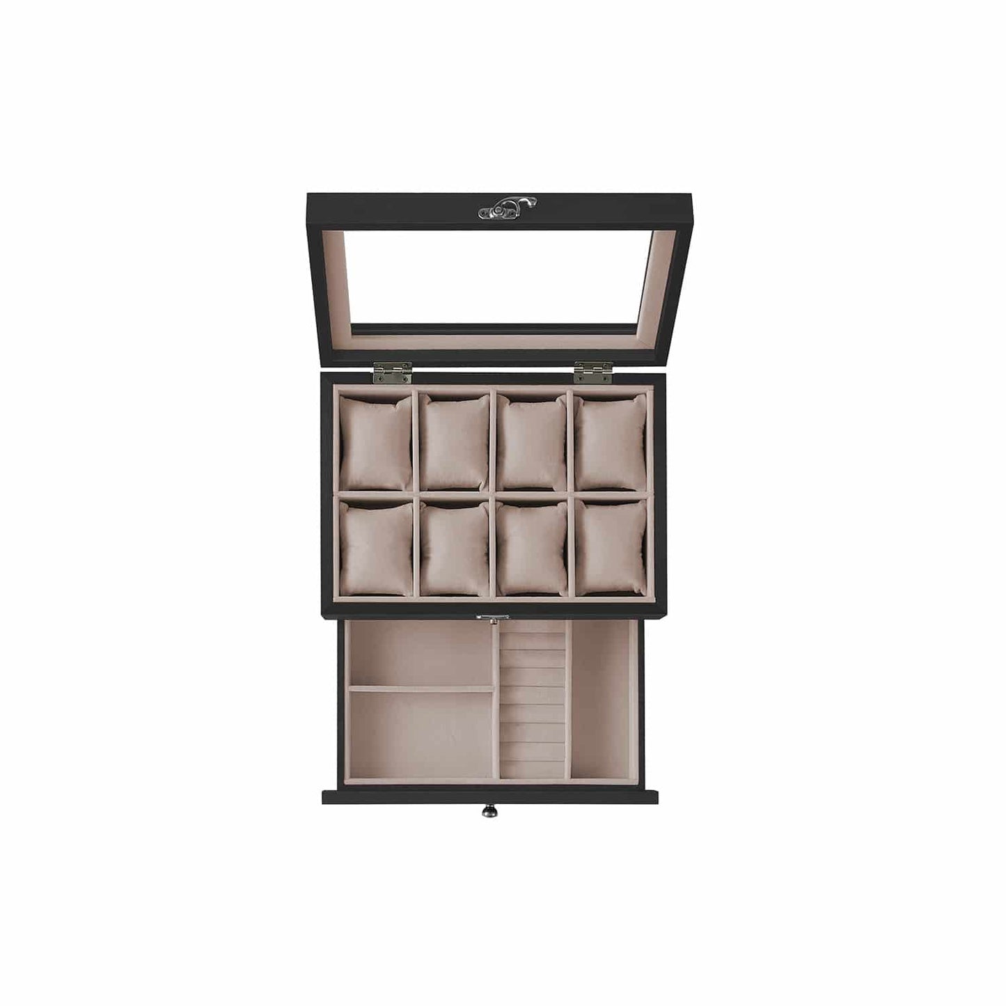 Uhrenbox mit 8 Fächern aus Massivholz schwarz