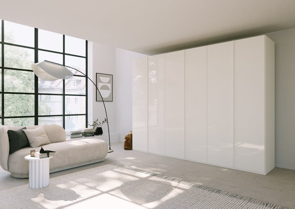 6-türiger Kleiderschrank SKAT Meridian von rauch mit Glasfront - in drei verschiedenen Farbvarianten, alpinweiß, seidengrau, graphit