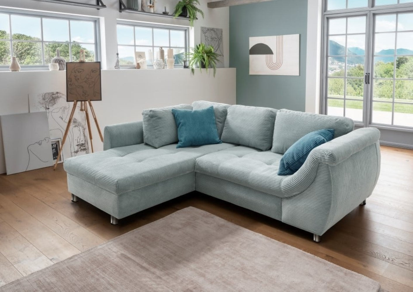 Stylisches Ecksofa Agira mit Schlaffunktion in elegantem Cord Stoff – Verschiedene Farben erhältlich