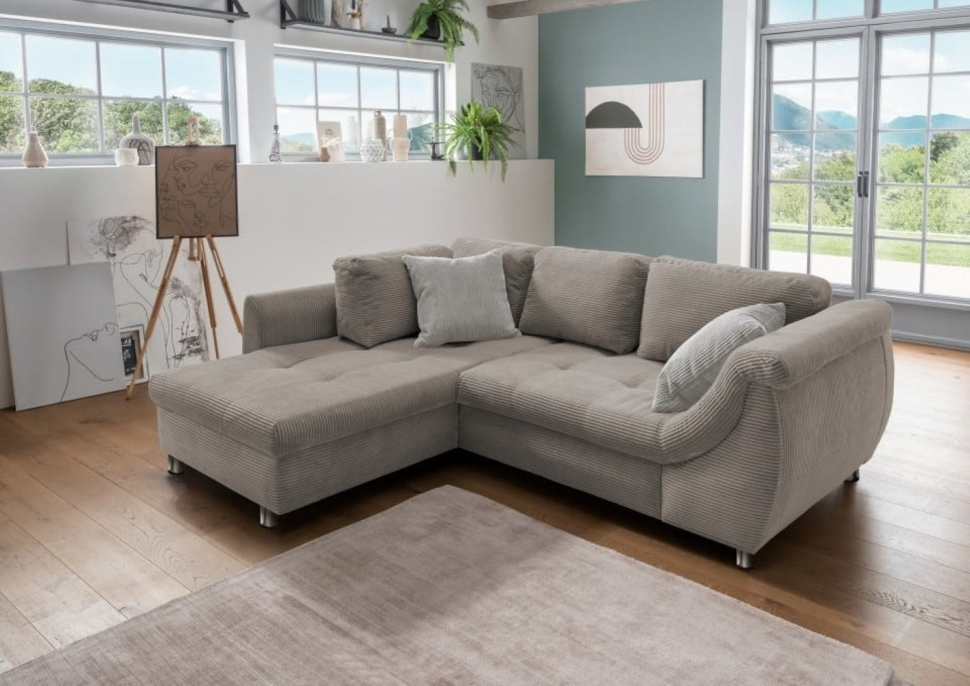 Stylisches Ecksofa Agira mit Schlaffunktion in elegantem Cord Stoff – Verschiedene Farben erhältlich
