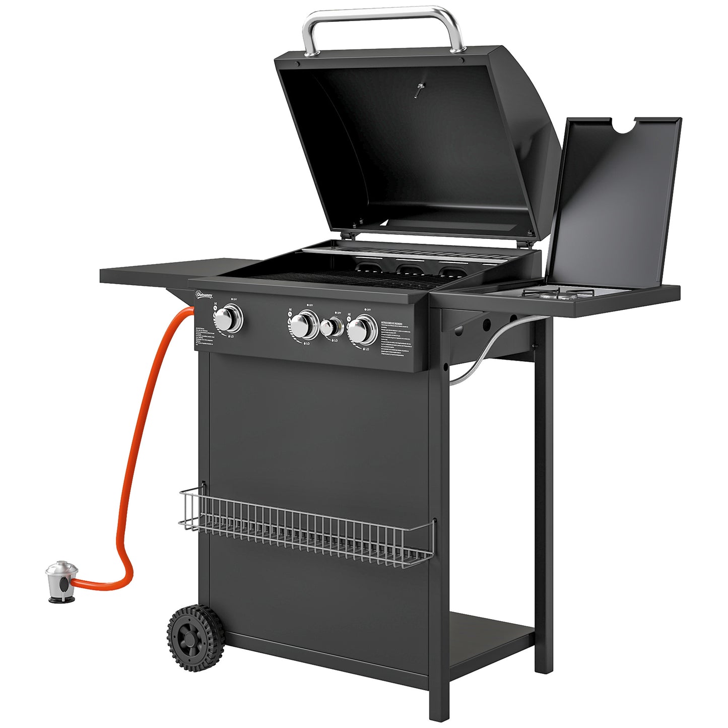 Outsunny Gasgrill 9,5 KW Grillwagen inkl 4 Brenner Seitenkocher Rolle Druckminderer Gasschlauch Deckel 2 Heizzonen Thermometer Seitenablagen, BBQ Gartengrill für Balkon, Grill 123x57x98 cm Aosom