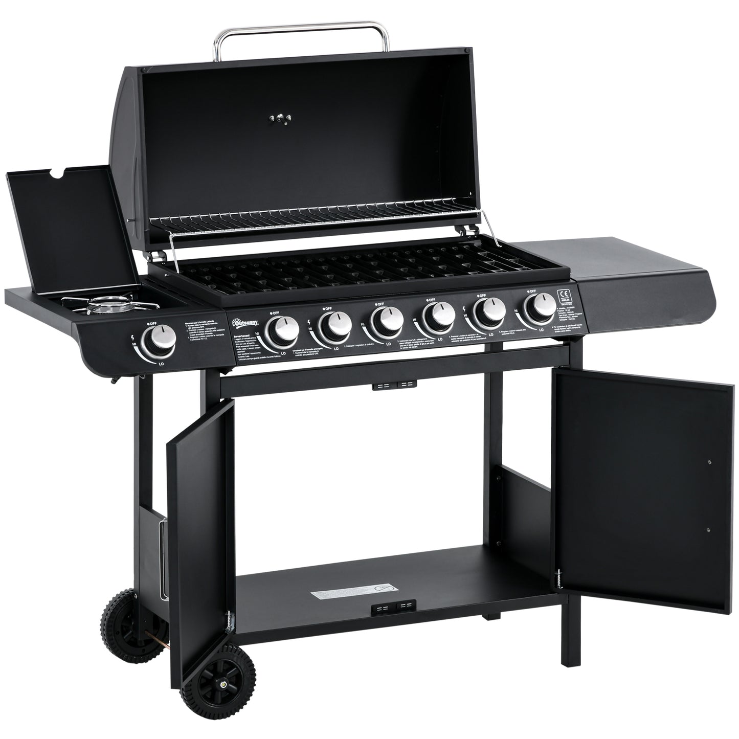 Outsunny Gasgrill BBQ Grillwagen mit 6 Brennern 1 Seitenbrenner Schrank Multifunktion Metall Schwarz 135 x 50 x 100 cm Aosom