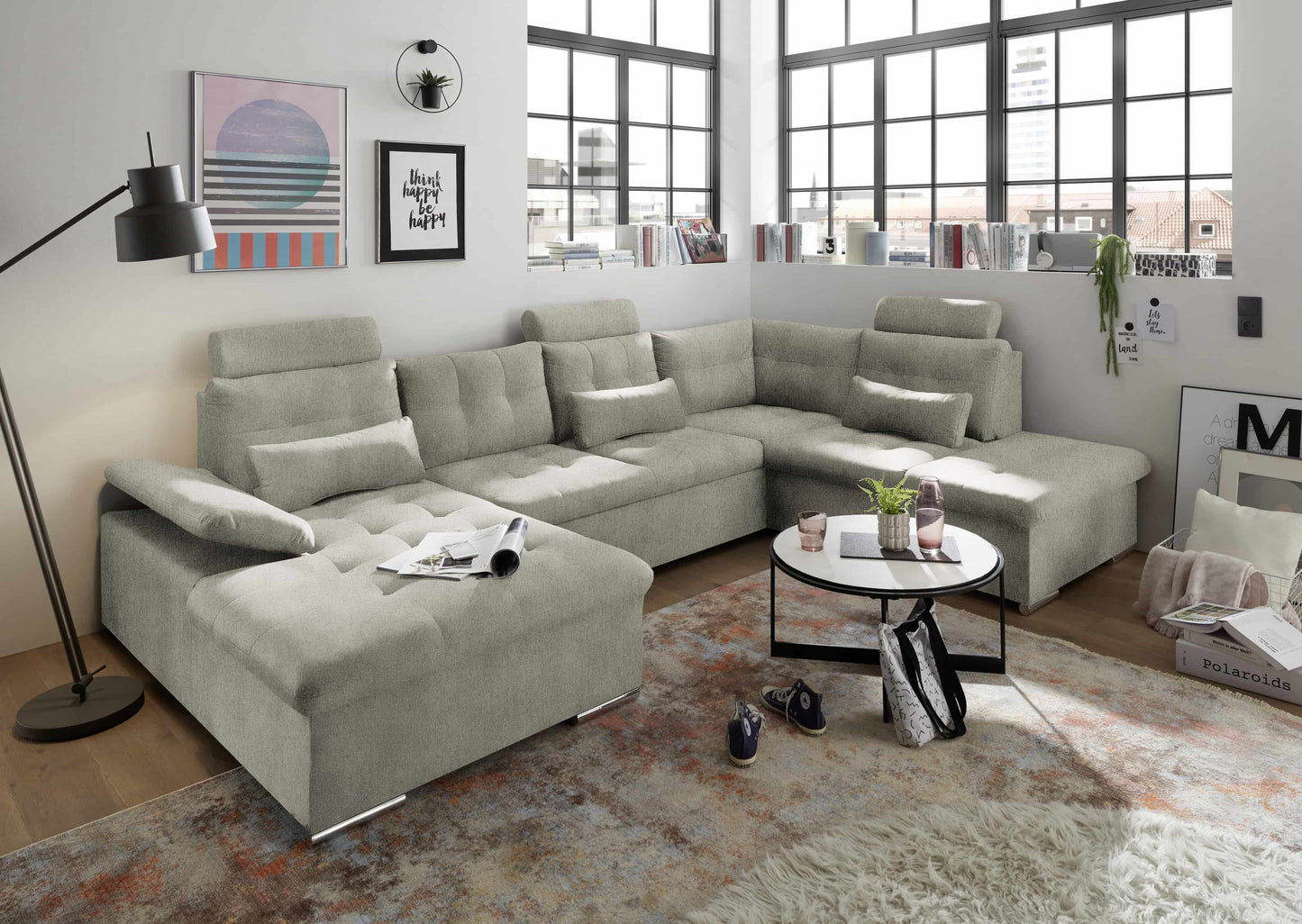 U-Form Sofa mit Schlaffunktion und Bettkasten - Stone - Medan XXL