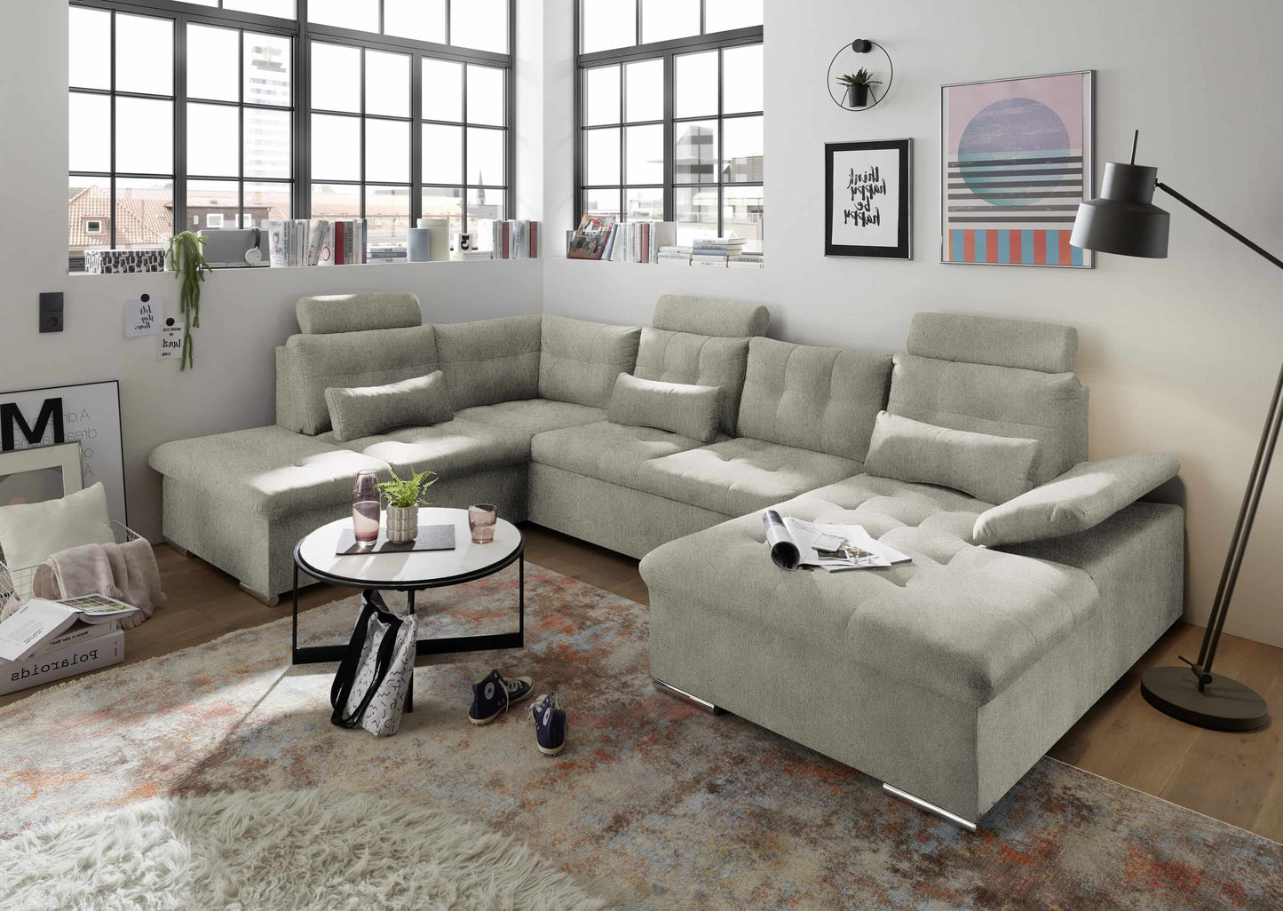 Wohnlandschaft mit Schlaffunktion und Bettkasten - stone - Medan XXL