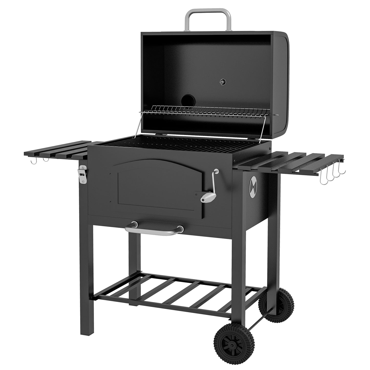 Outsunny Holzkohlegrill BBQ Gartengrill mit Deckel, Ablagen, Smoker, Warmhalteplatte, Regale, Transportrollen, Metall Aosom