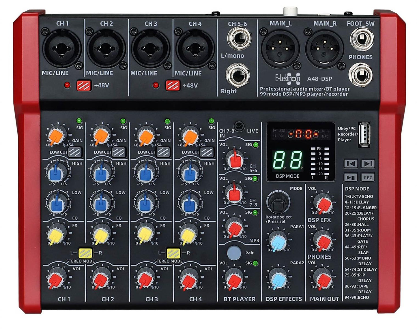 EL172635 E-Lektron A48-DSP Live Mischpult 4-Kanal + Stereo AUX/BT USB-Interface