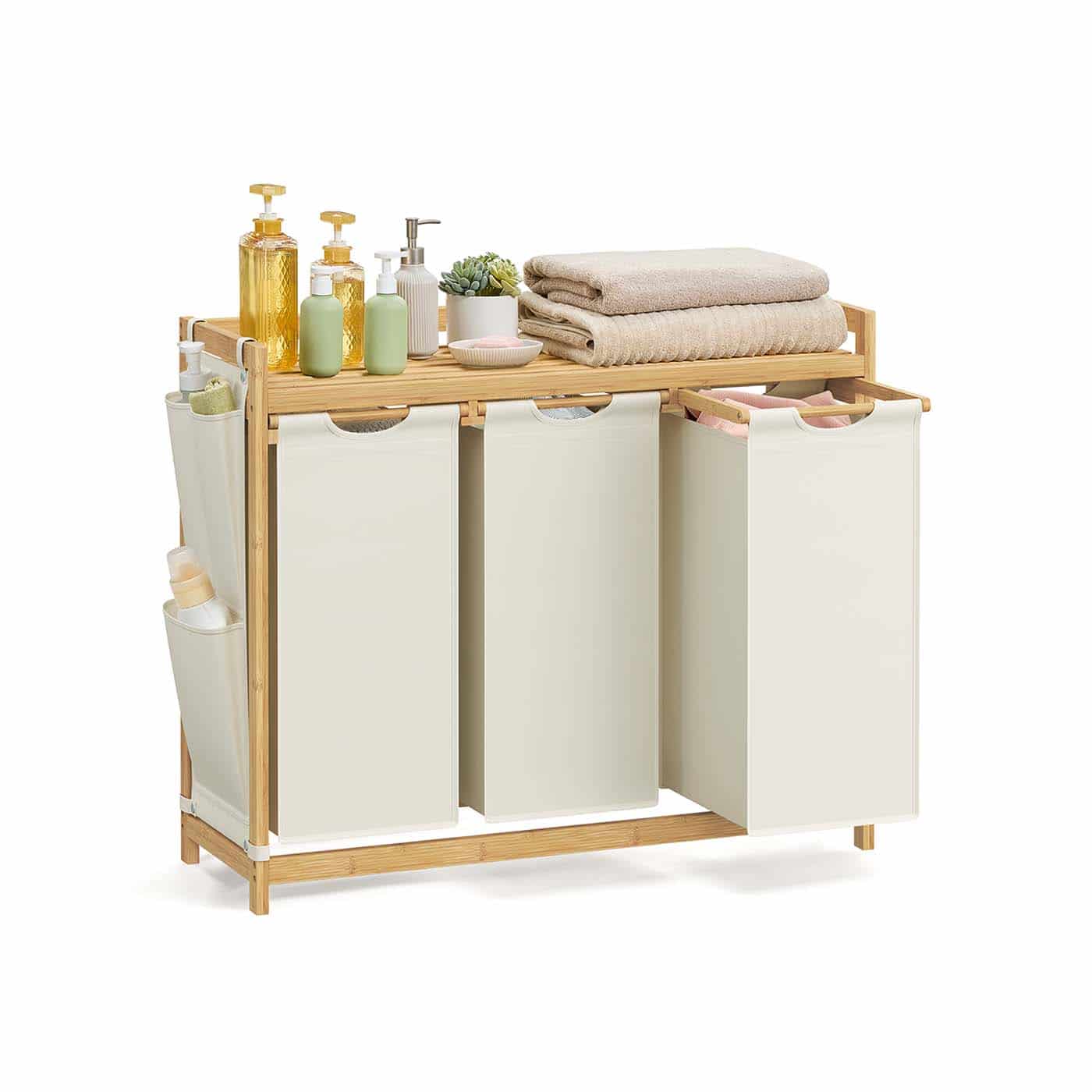 Wäschekorb 3 Fächer 3 x 50 L 94 x 33 x 78 cm cremeweiß