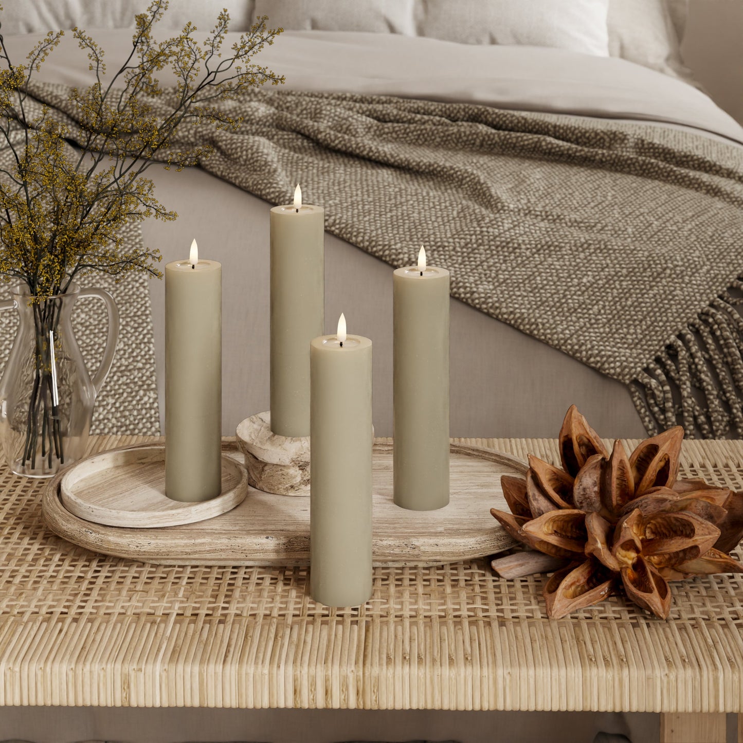 LED-Blockkerzen Ø 5 x 20 cm Sand – 4 Stück