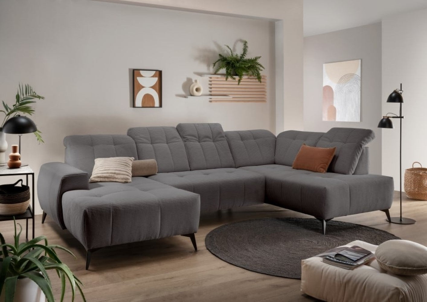 Cord Wohnlandschaft grau mit Elektrofunktion: Sano