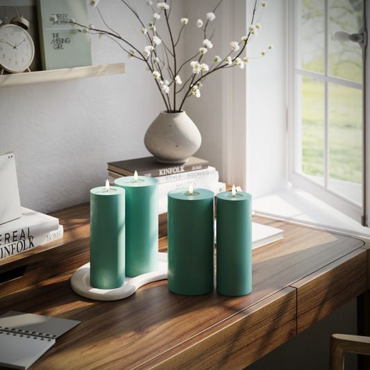 LED-Blockkerzen-Set – Jadegrün – 2x 7,5 x 20 | 2x 10 x 20 cm