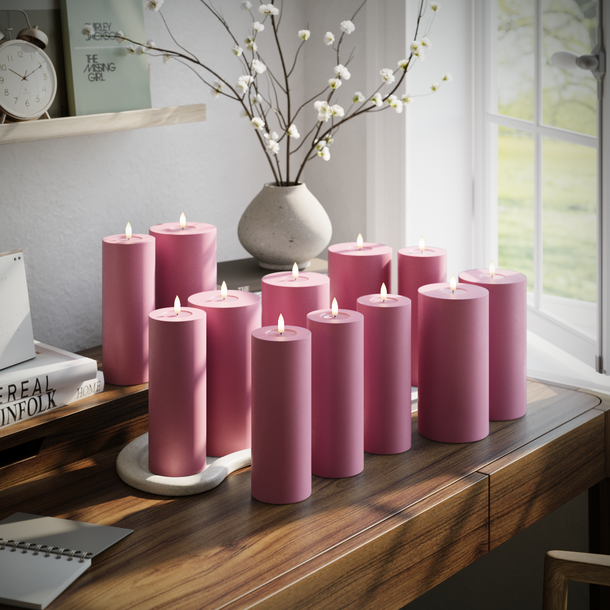 LED-Blockkerzen-Set – Magenta – 6 x 7,5 x 20 | 6 x 10 x 20 cm