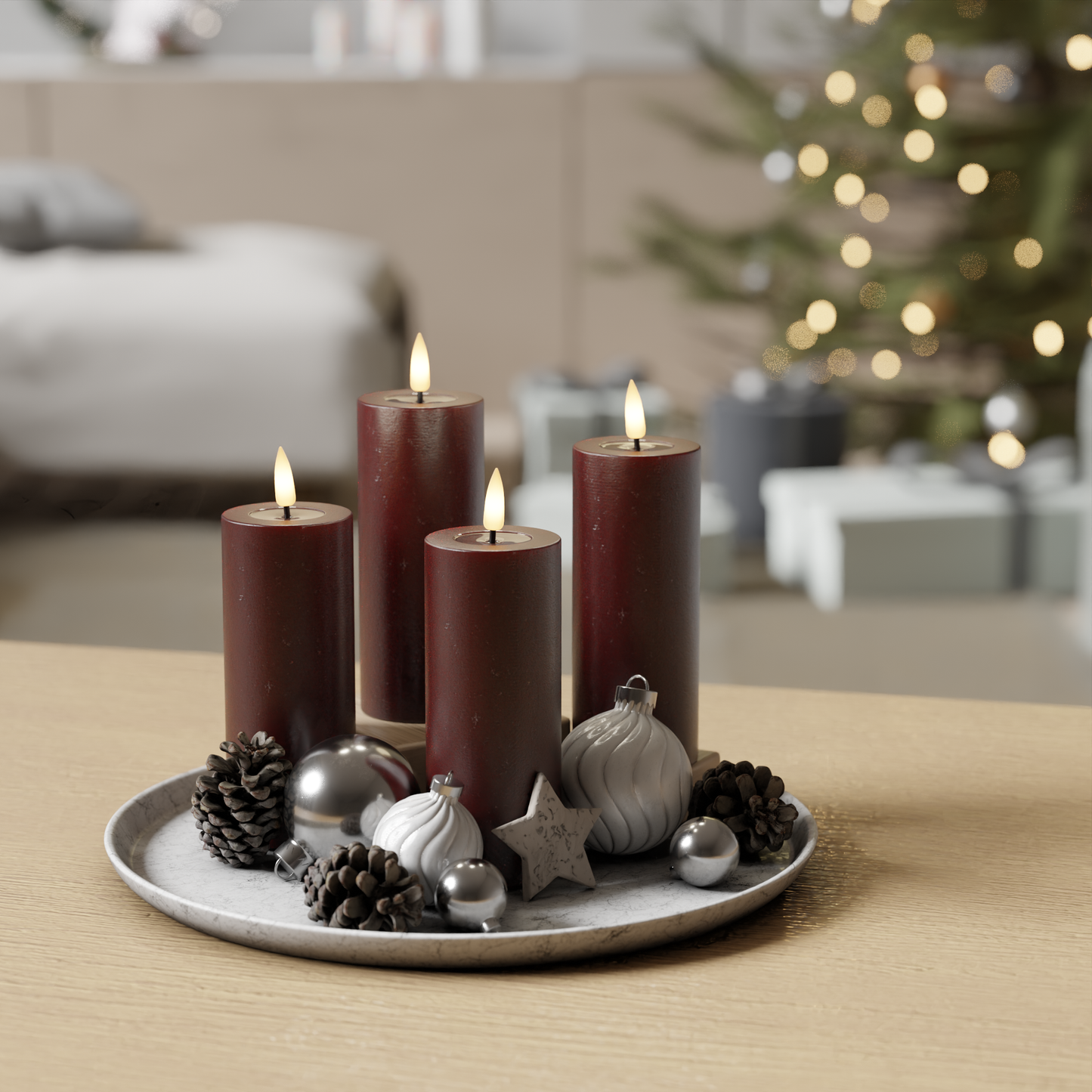 Burgunderrot Blockkerzen, Packung mit 4 Stück, Ø 5 x 12,5 cm