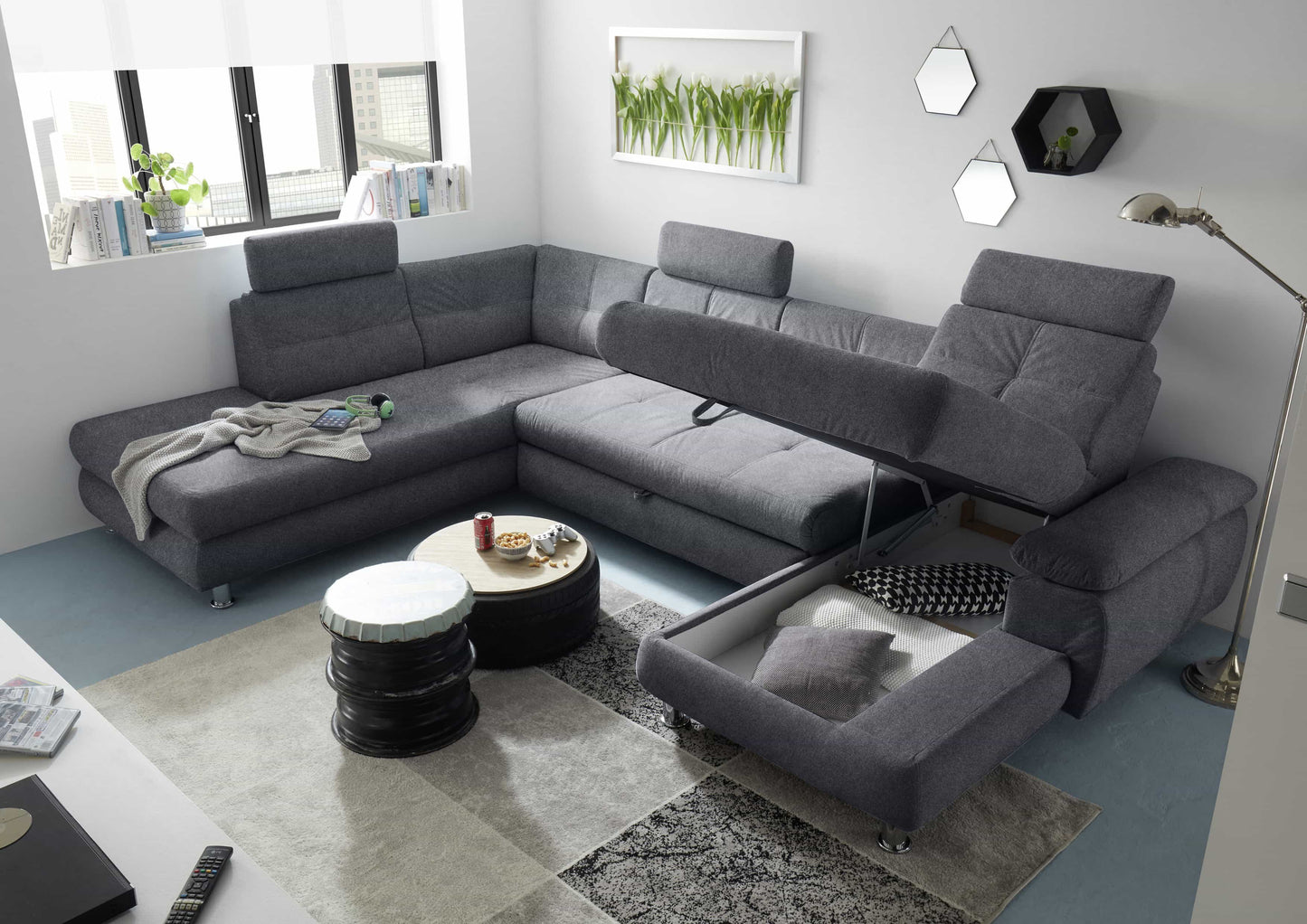 Wohnlandschaft Alba von ED Exciting Design mit Schlaffunktion & Bettkasten – U-Form Sofa aus hochwertigem Brego-Stoff