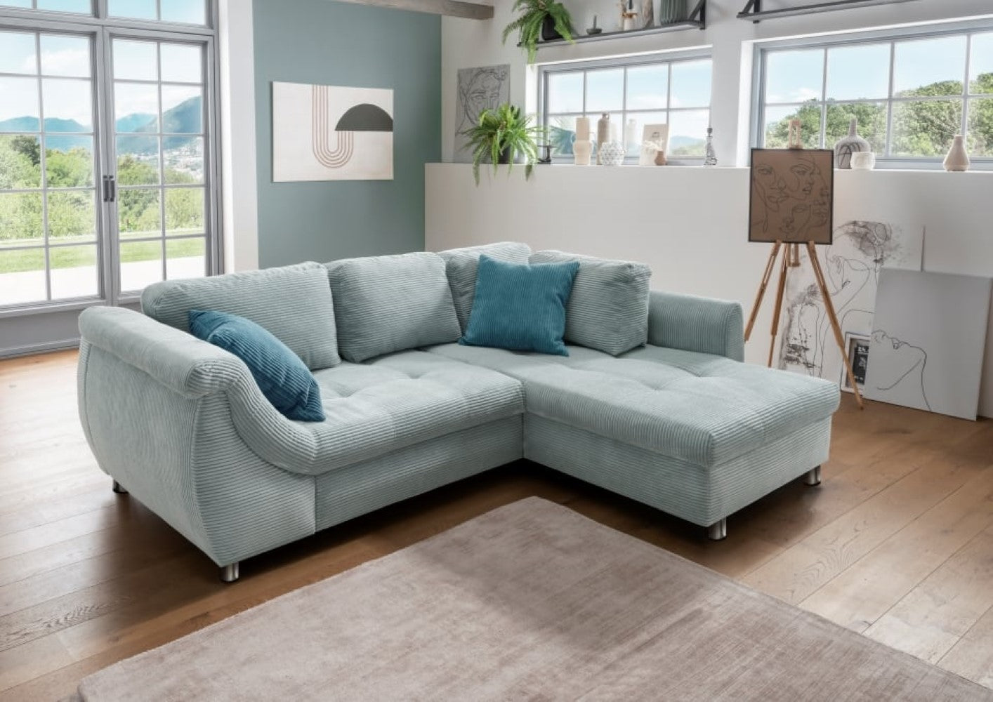 Stylisches Ecksofa Agira mit Schlaffunktion in elegantem Cord Stoff – Verschiedene Farben erhältlich